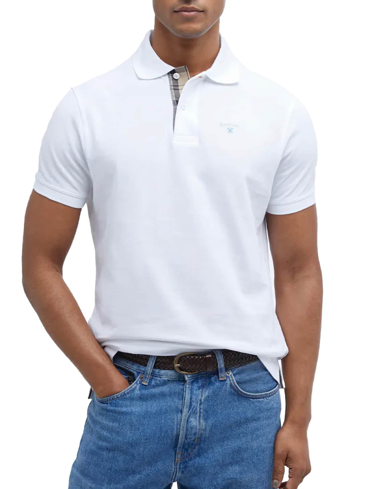 Barbour Mens Tartan Pique Polo Shirt White/Dress