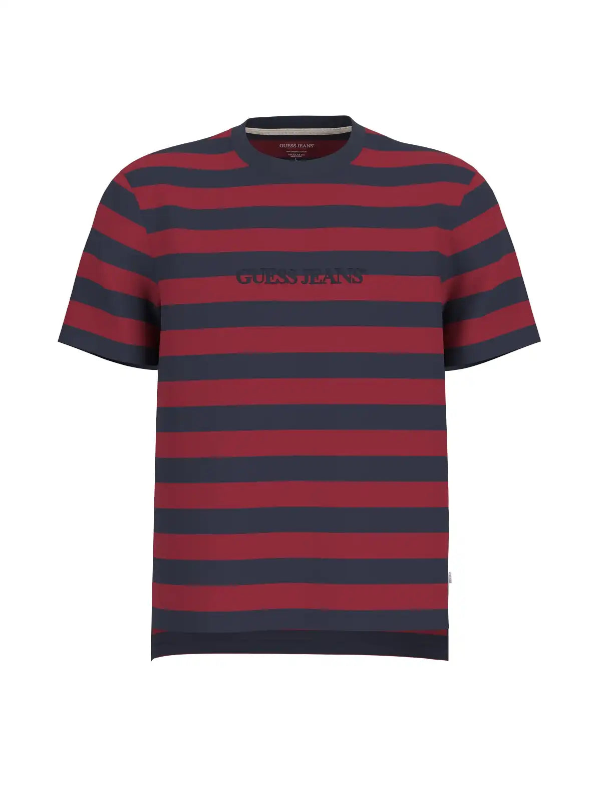 GUESS Mens Striped Logo T Shirt Navy Red