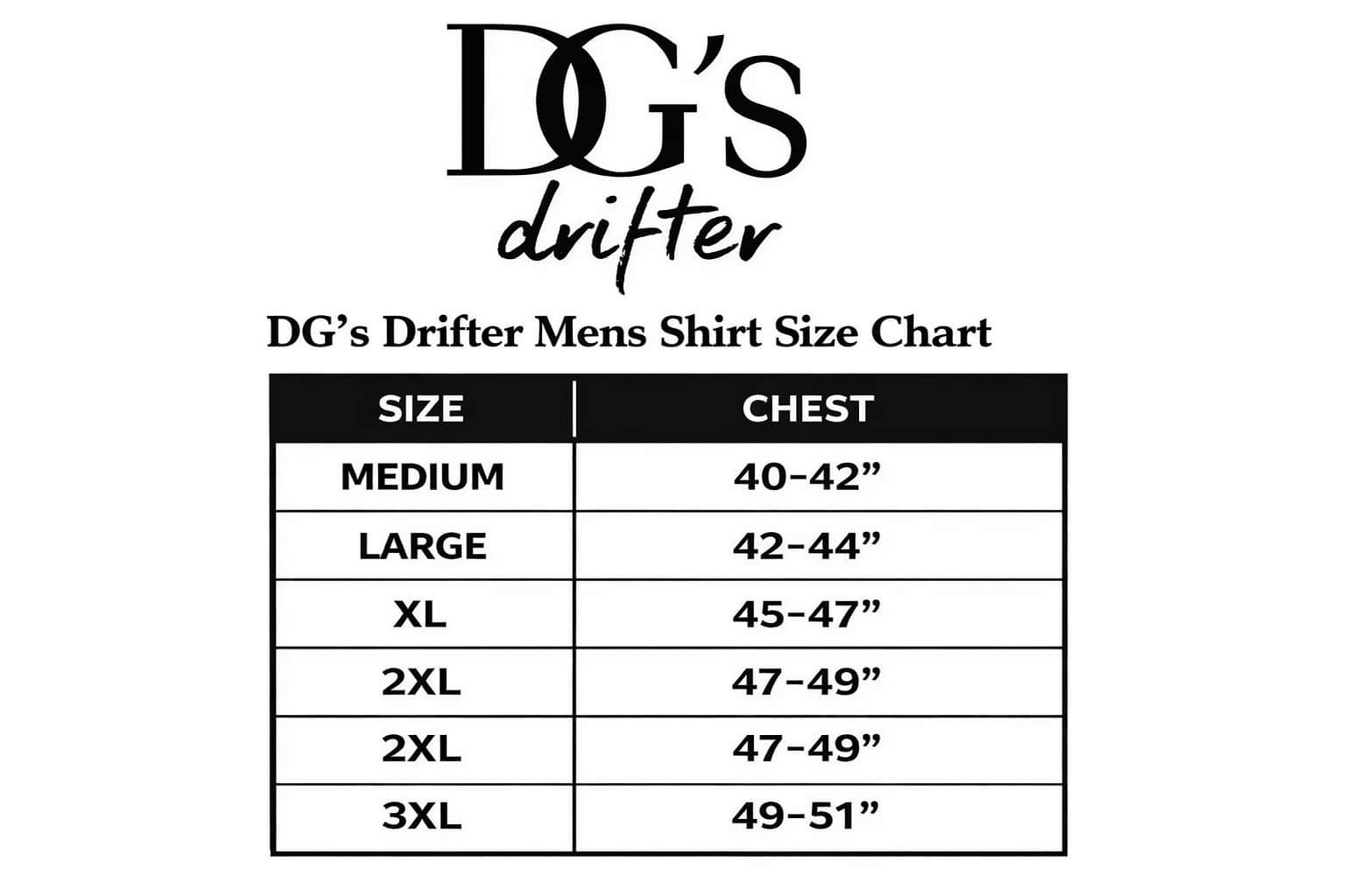 DG's Drifter size chart