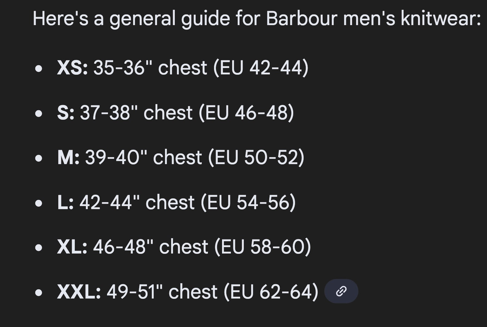 Barbour size chart