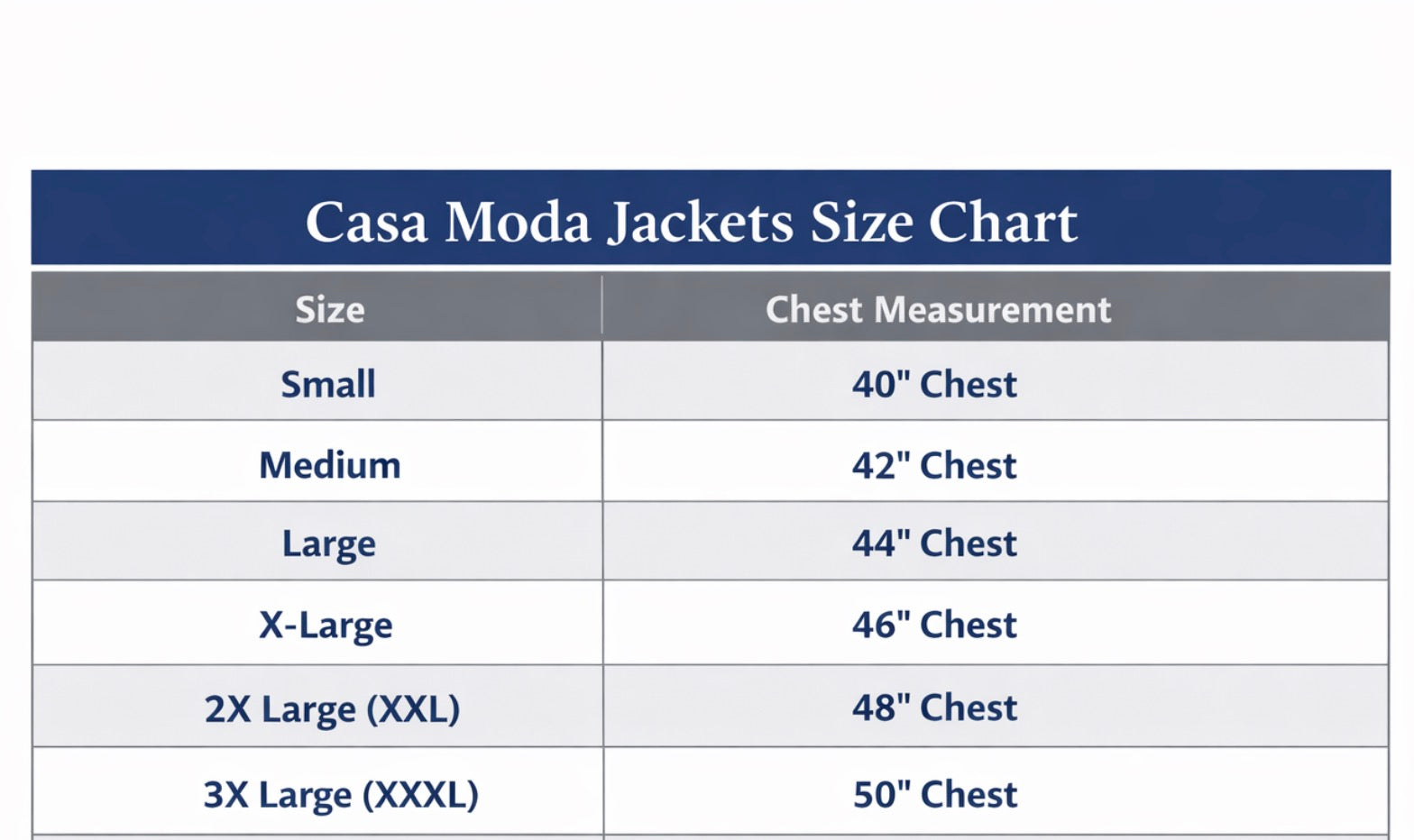 Casa Moda size chart