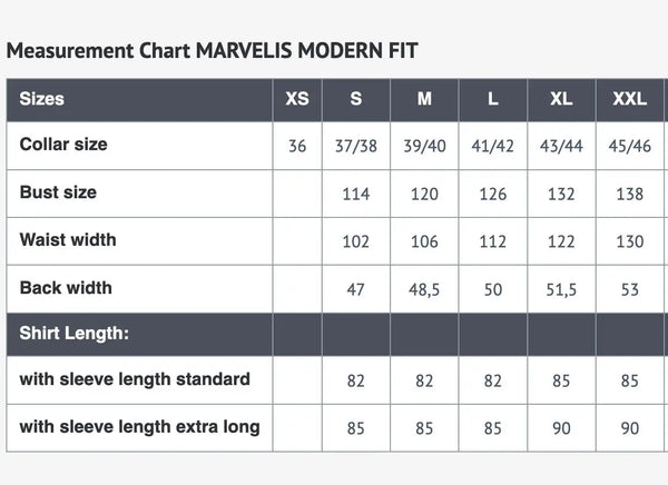 Marvelis Shirts Modern Fit Size Chart