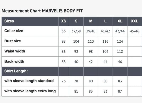 Marvelis Shirts Body Fit Size Chart