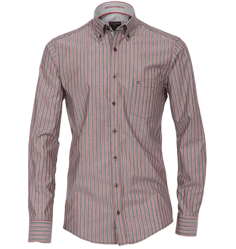 Casa Moda Long Sleeve Shirt Casual Fit- Grey/ Burgundy Stipe
