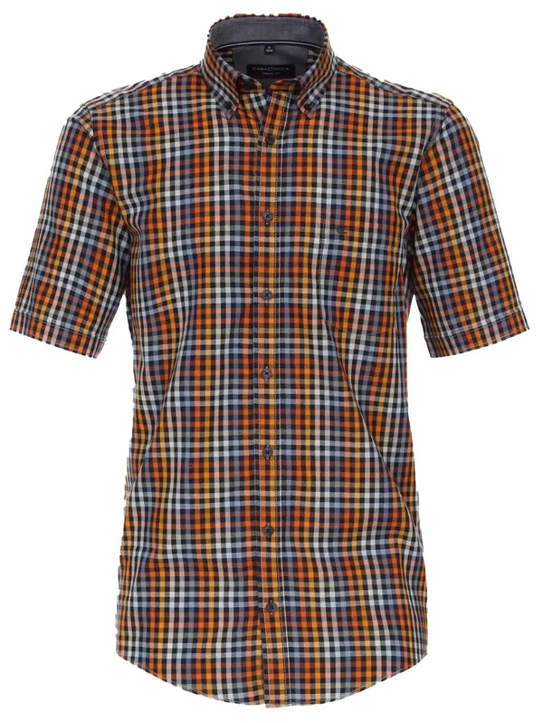 Casa Moda Men’s Short Sleeve Check Shirt Comfort Fit Tangerine