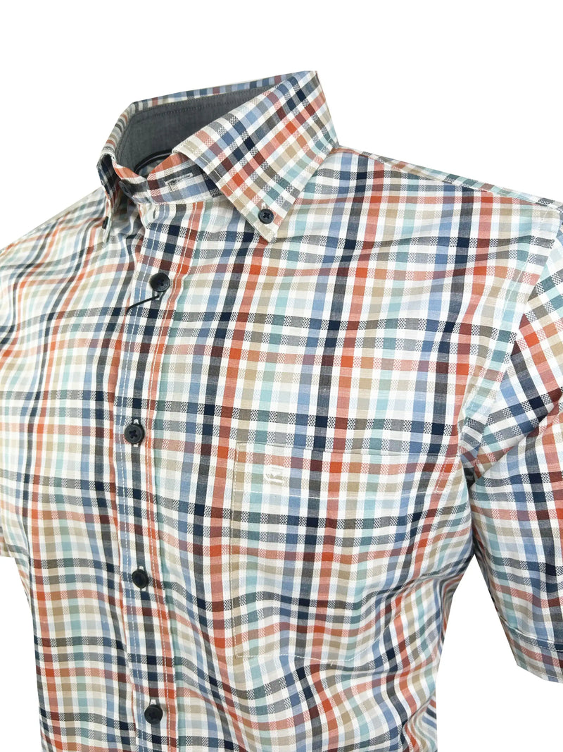 Casa Moda Men’s SS Check Shirt Comfort Fit Tangerine Tango Northern