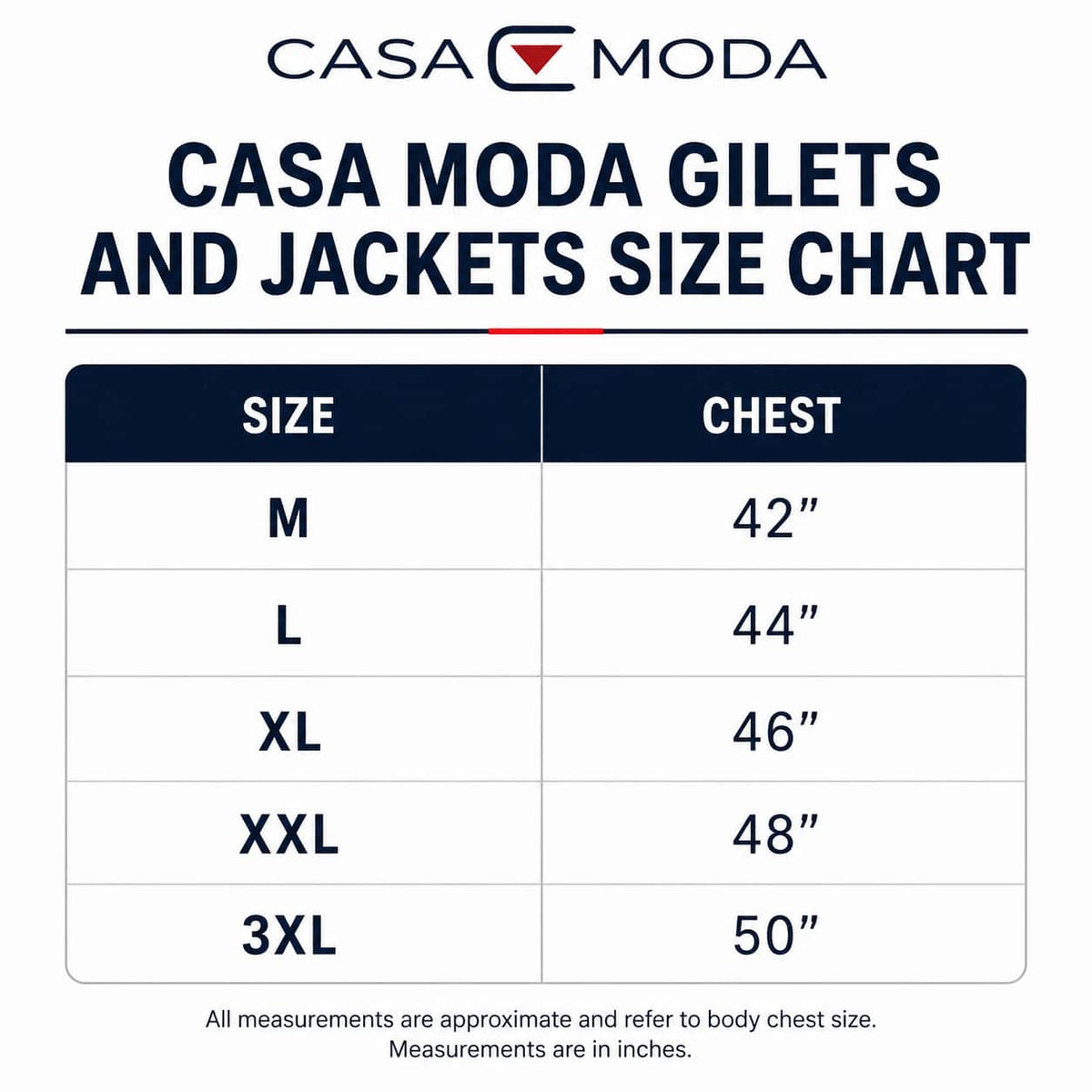 Casa Moda size chart