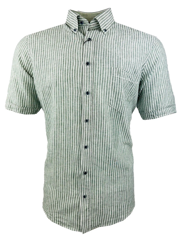 Casa Moda Short Sleeve Casual Fit Linen Shirt Green Stripe Northern
