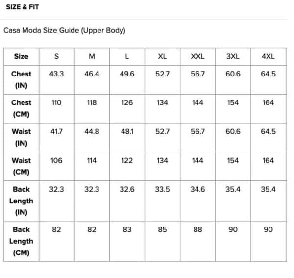 Casa Moda size chart