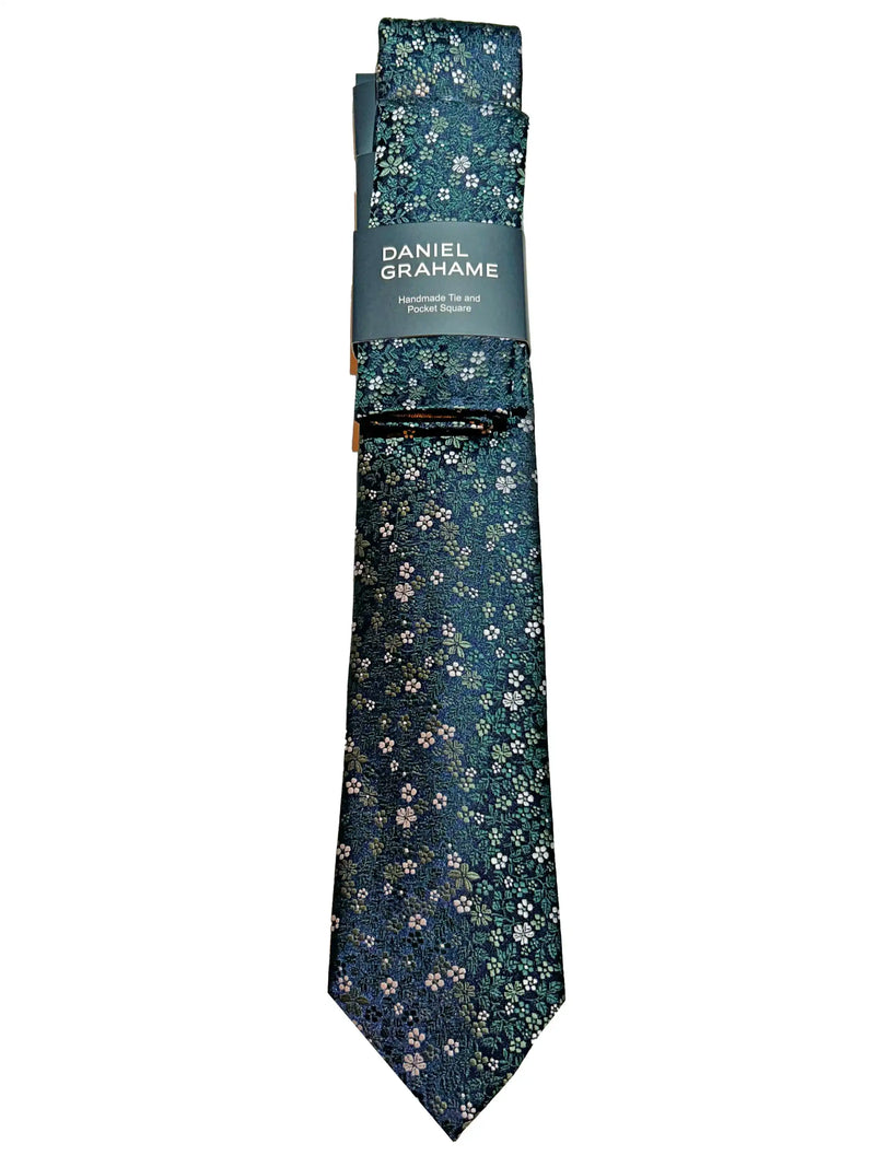 Daniel Grahame Mens Tie & Pocket Square Set TP2365-37 Green/Navy