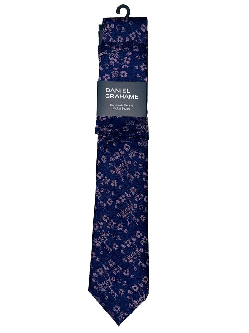 Daniel Grahame Tie & Pocket Square Set Navy/Pink Northern Ireland
