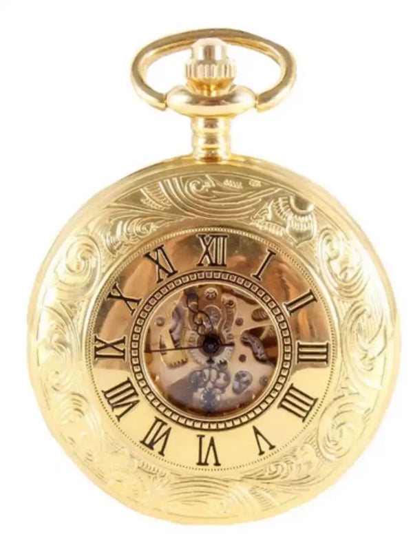 David Aster Gold Patterned Half Hunter Mechanical Pocket Watch