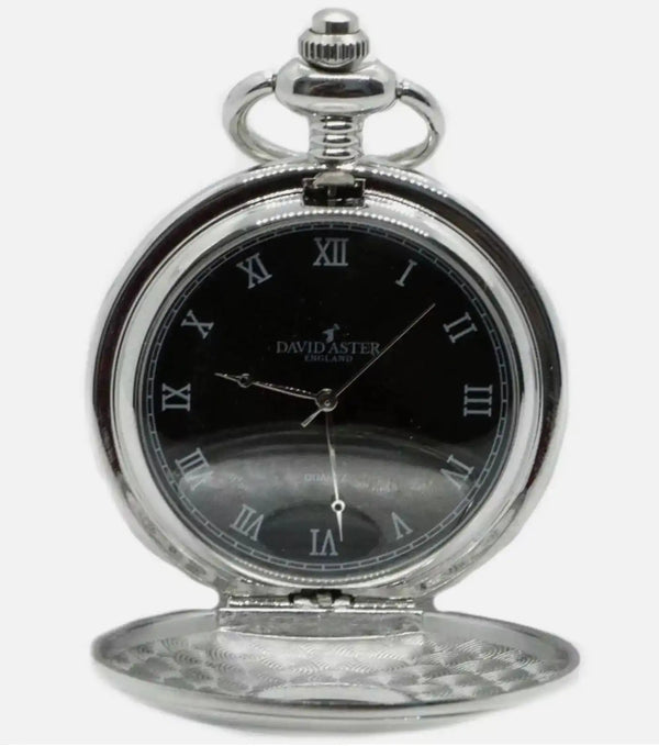 David Aster Quartz Half Hunter Pocket Watch - Silver/Black Northern