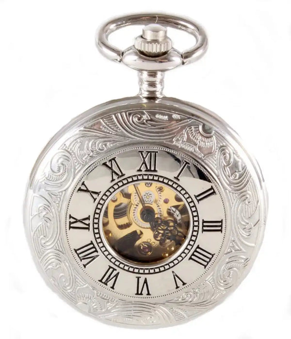 DAVID ASTER SILVER PATTERNED HALF HUNTER MECHANICAL POCKET WATCH