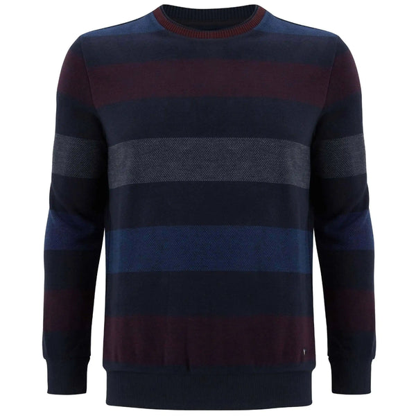 DG's Drifter Round Neck Cotton Blend Jumper Burgundy/Blue Bar Stripe