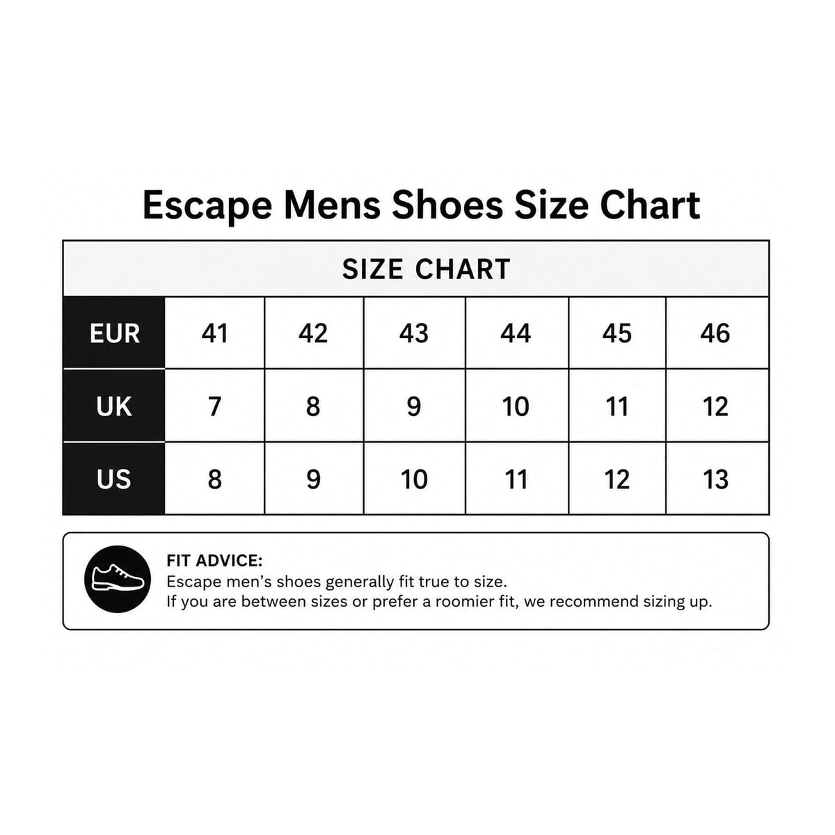 Escape size chart
