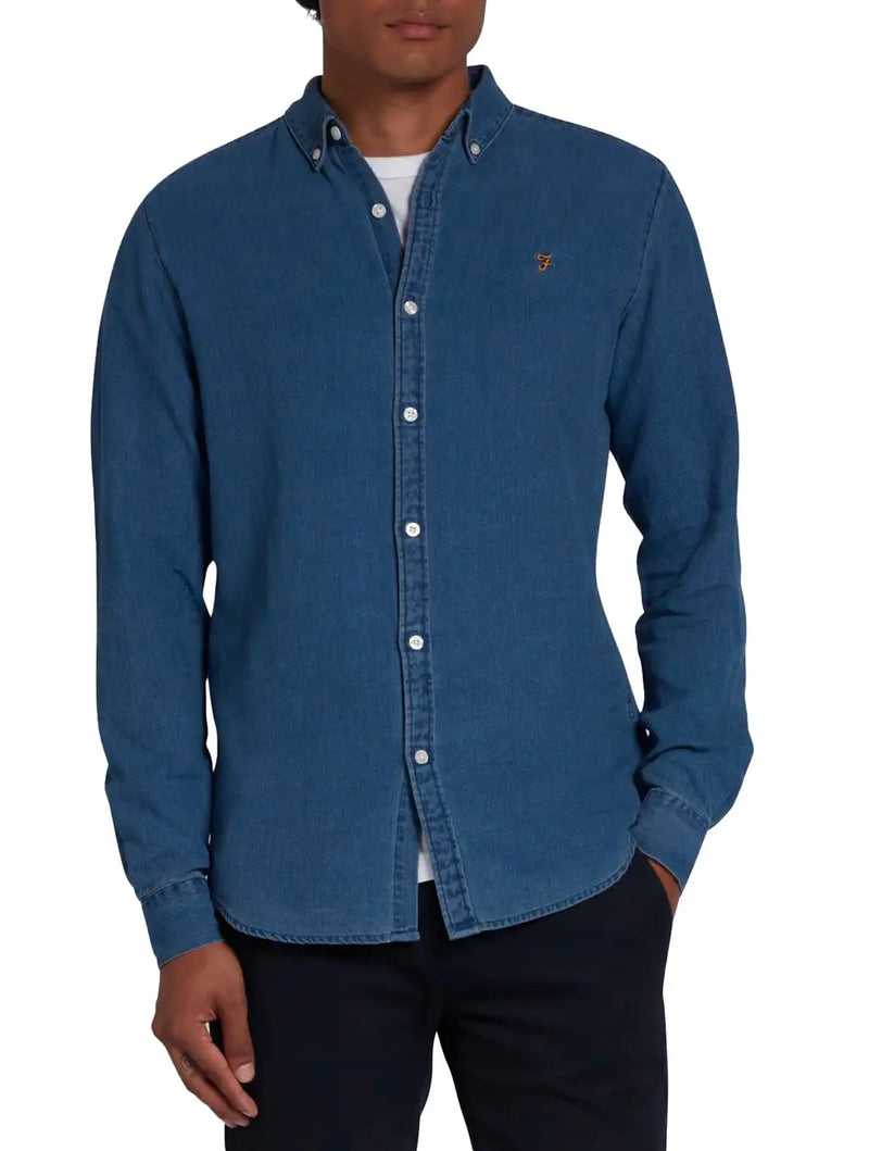 Farah Men’s Brewer Long Sleeve Denim Shirt Mid Indigo Blue Northern