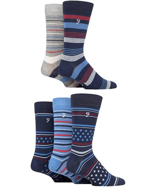 Farah Men’s Socks Patterned Striped Bamboo 5 Pack Navy Blue 