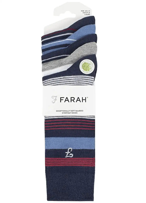 Farah Men’s Socks Patterned Striped Bamboo 5 Pack Navy Blue 