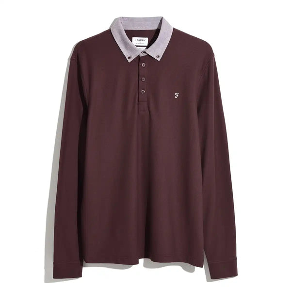 Farah Tottenham Oxford Collar Long Sleeve Polo Shirt FAKD015 Burgundy