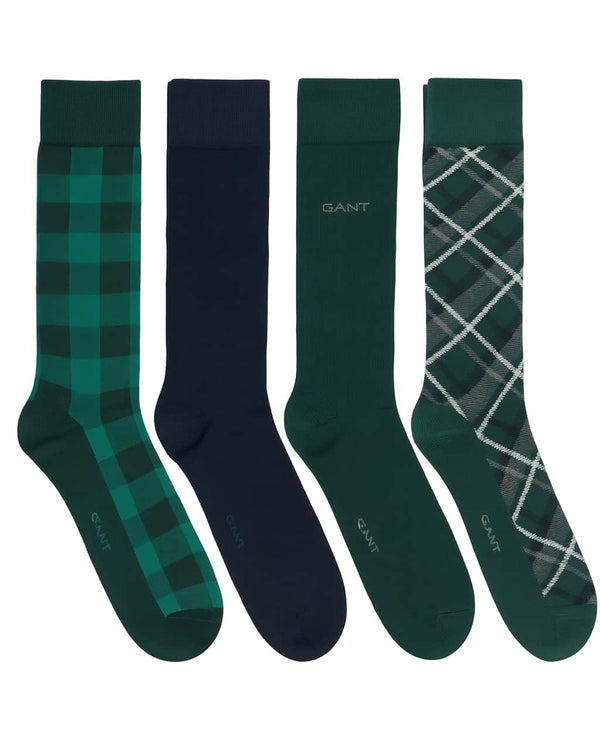 GANT Mens Check & Solid Socks 4 Pack Gift Box Tartan Green Northern