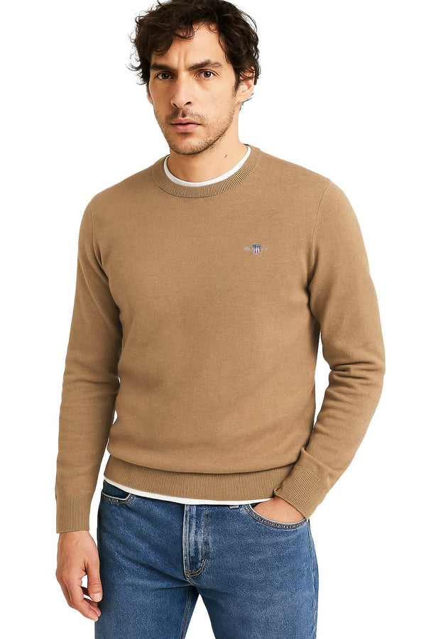 GANT Mens Classic Cotton Crew Neck Dark Sand Melange Northern Ireland
