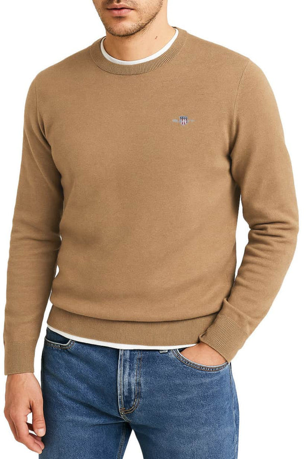 GANT Mens Classic Cotton Crew Neck Dark Sand Melange Northern Ireland