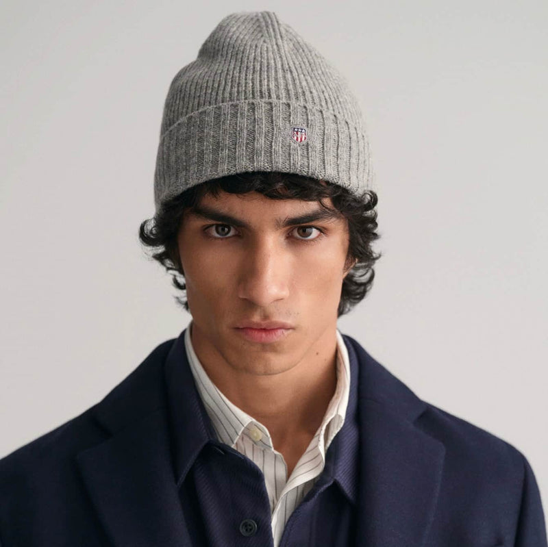 GANT Mens Cotton Blend Logo Beanie Grey Melange Northern Ireland