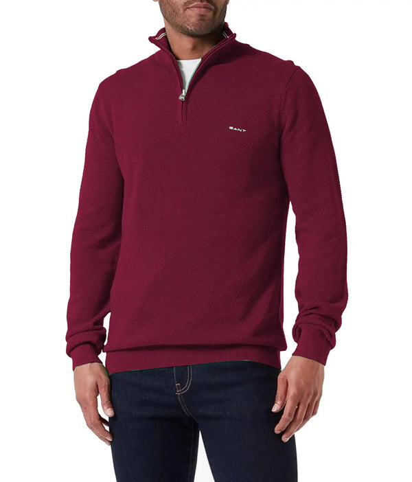 GANT Mens Cotton Pique Half Zip Jumper Rich Wine Northern Ireland