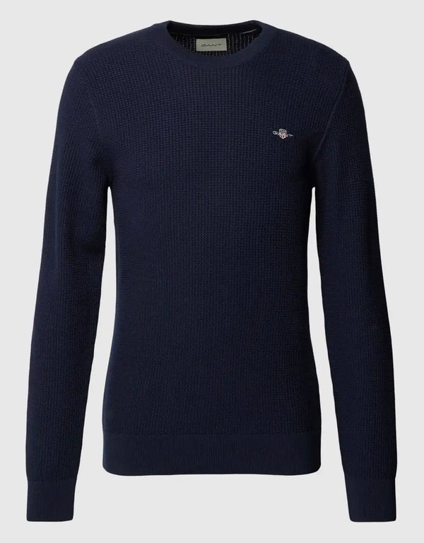 GANT Men’s Micro Cotton Texture Crew Neck Sweater Evening Blue
