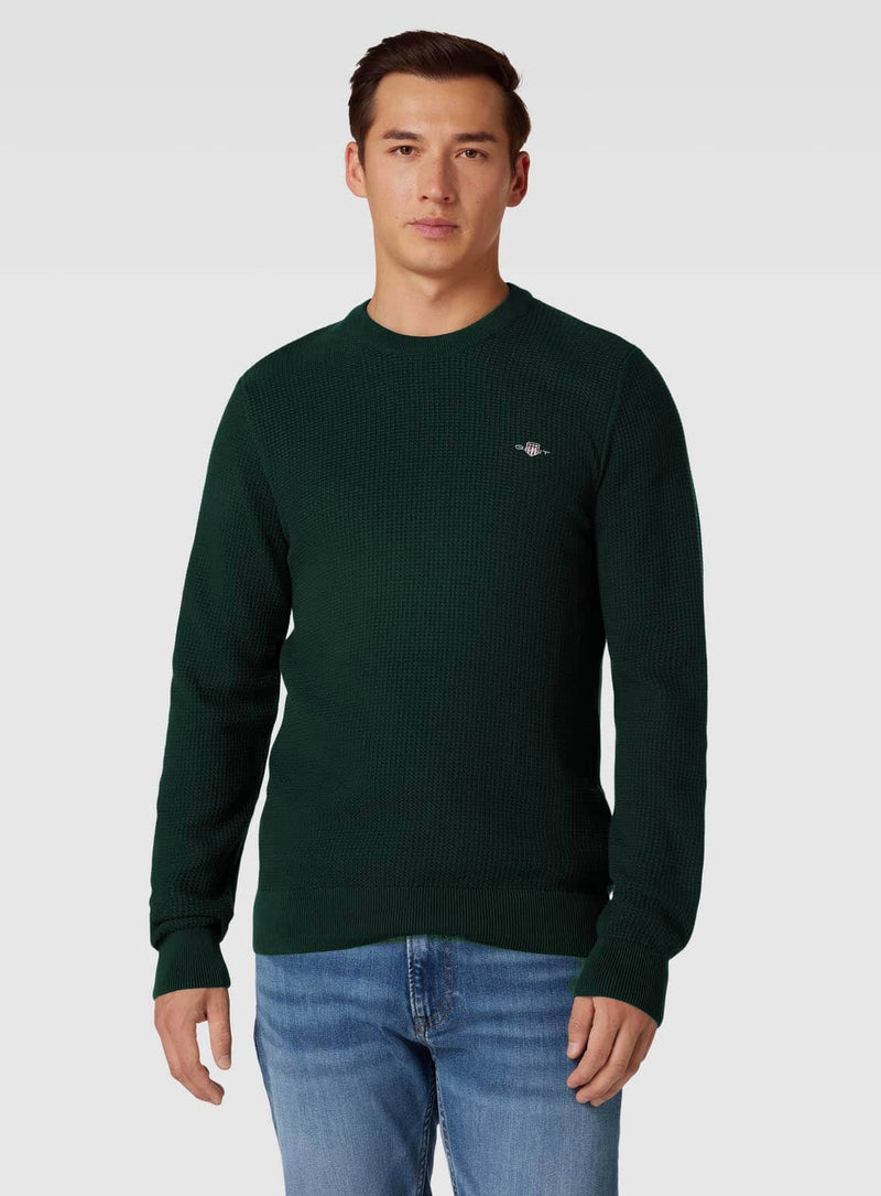 GANT Men’s Micro Cotton Texture Crew Neck Sweater Tartan Green