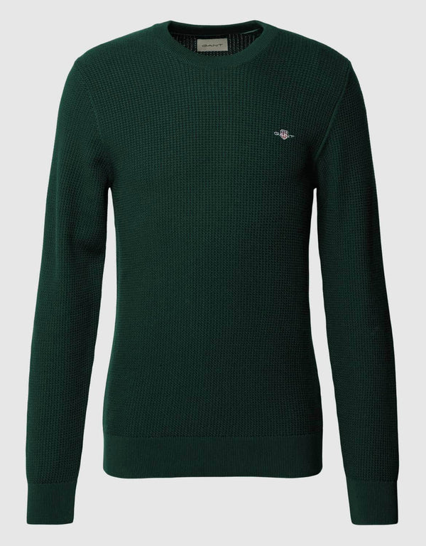 GANT Men’s Micro Cotton Texture Crew Neck Sweater Tartan Green