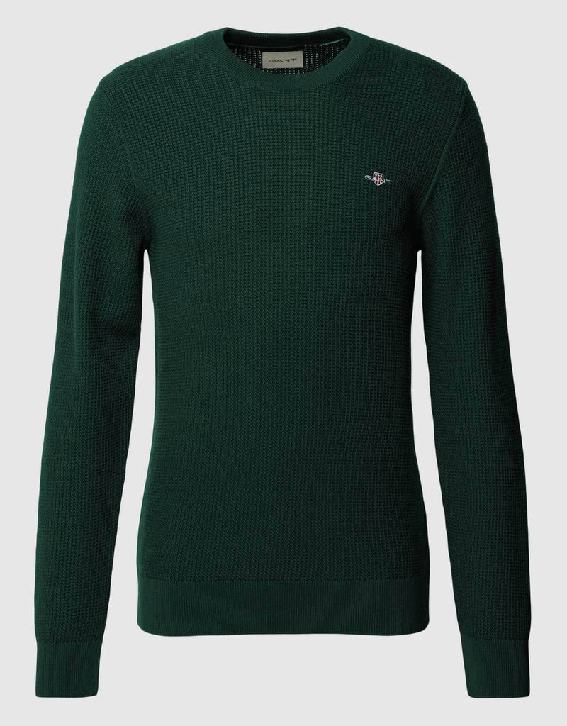 GANT Men’s Micro Cotton Texture Crew Neck Sweater Tartan Green