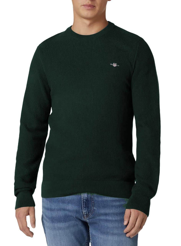 GANT Men’s Micro Cotton Texture Crew Neck Sweater Tartan Green