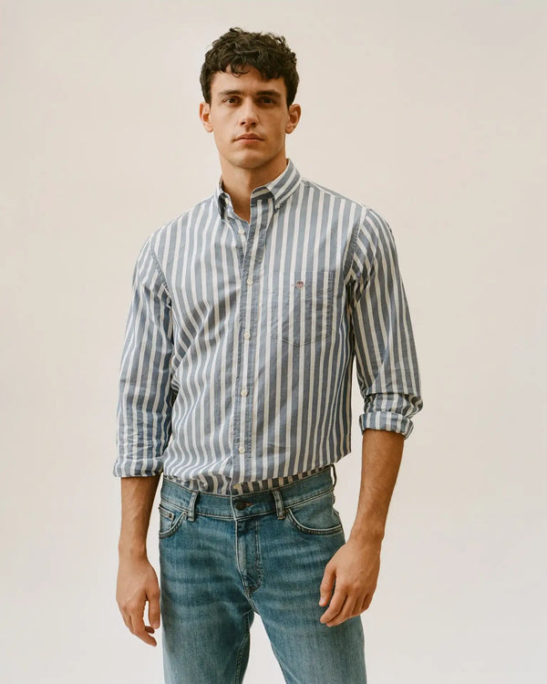 GANT Men’s Regular Fit Wide Striped Poplin Shirt College Blue
