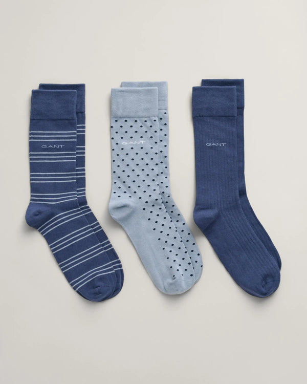 GANT Men’s Socks 3-Pack Stripe Dot Rib Dusty Blue Sea Northern