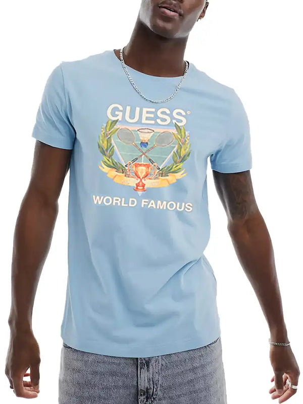 Guess Men’s SS BSC World Famous Logo T - Shirt Channel Blue