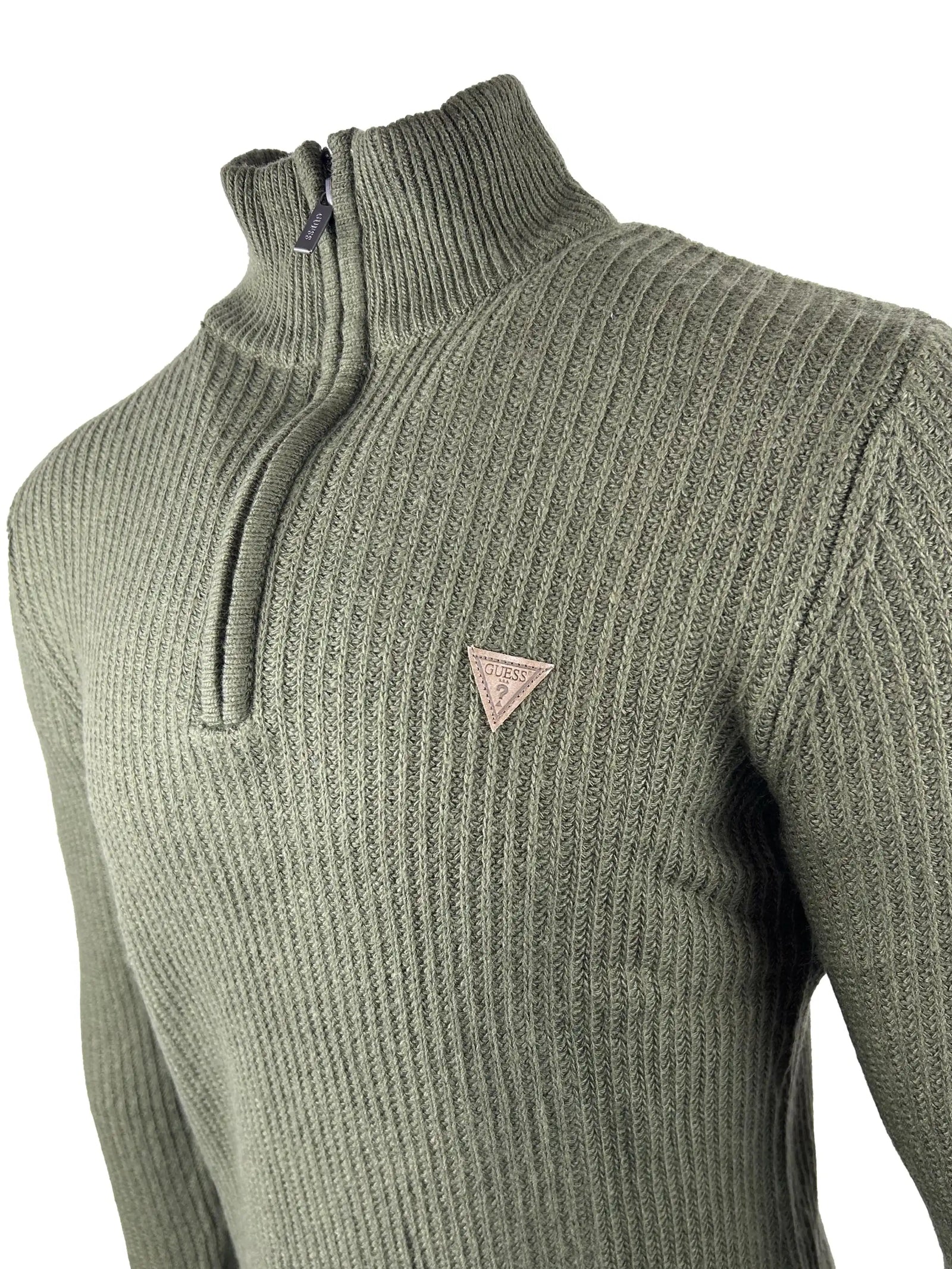 Guess Mens Aric Ribbed Camioner 1/4 Zip Sweater Sage Green