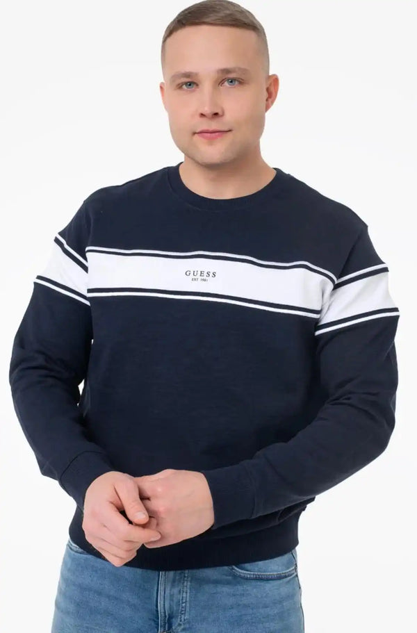 Guess Mens Inserted Stripe Crew Neck Embroidered Sweatshirt Navy