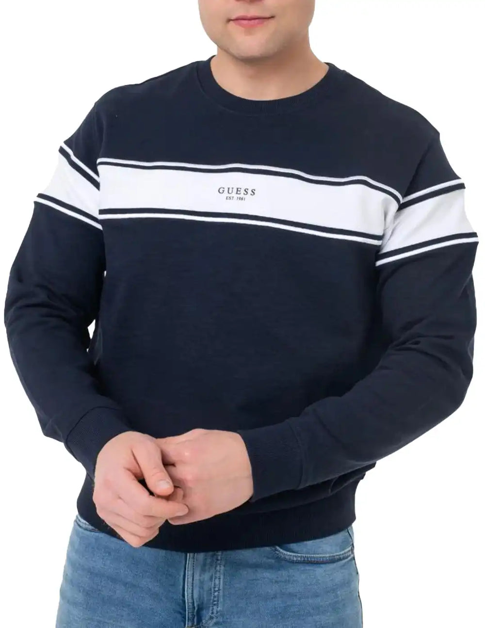 Guess Mens Inserted Stripe Crew Neck Embroidered Sweatshirt