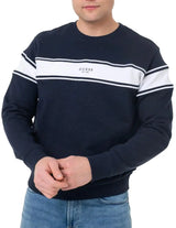 Guess Mens Inserted Stripe Crew Neck Embroidered Sweatshirt Navy
