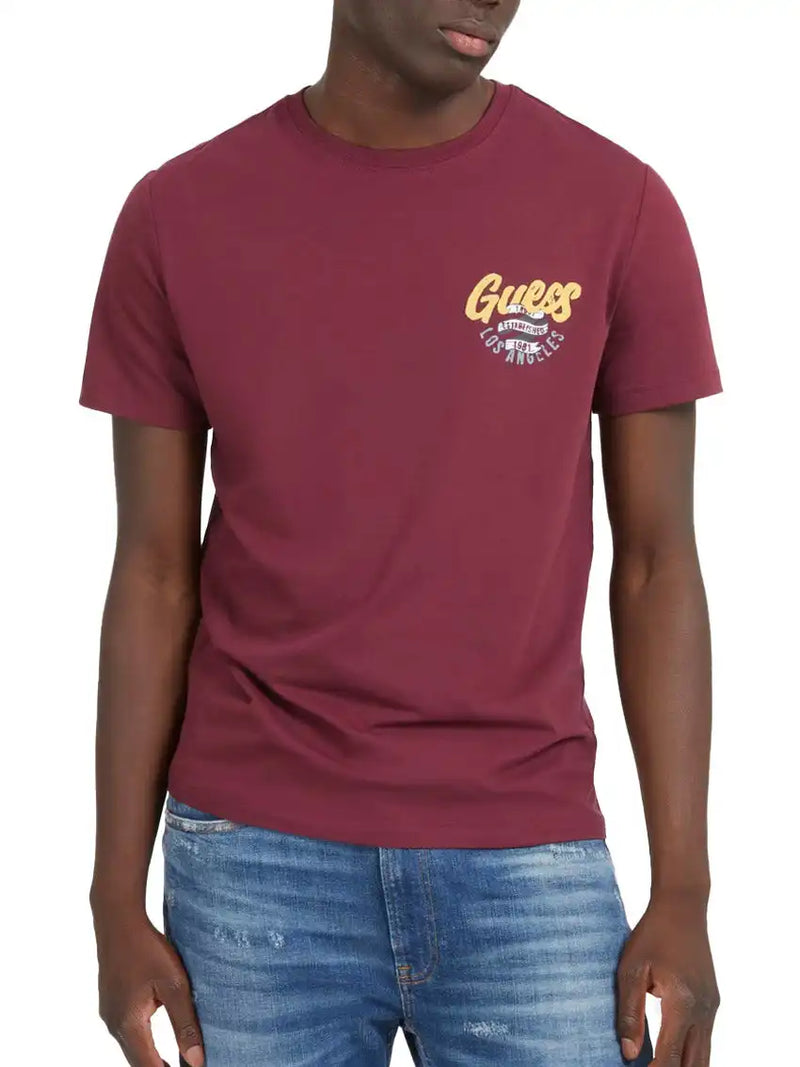 Guess Mens Italic Flock Logo T Shirt Burgundy