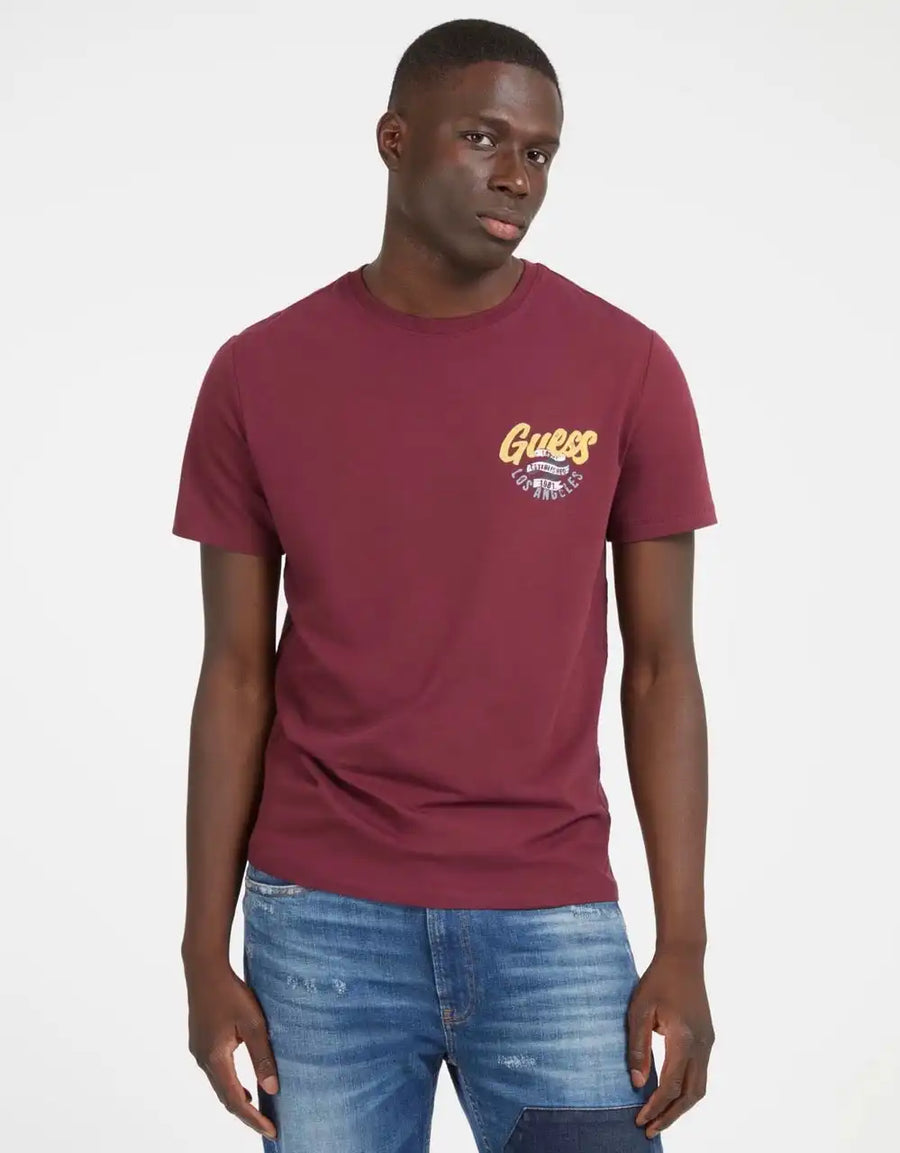 Guess Mens Italic Flock Logo T Shirt Burgundy