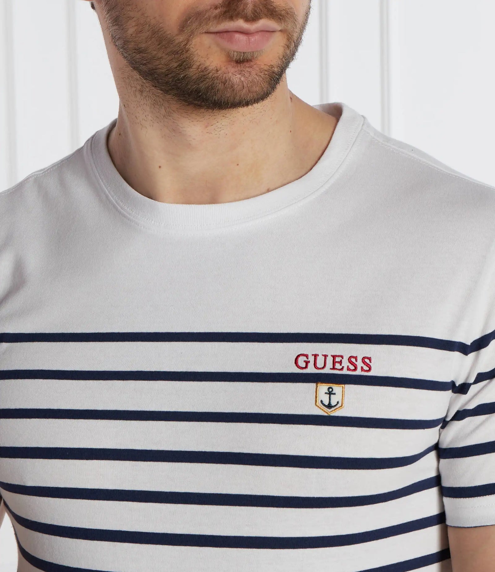 Guess Men s Short Sleeve CN YD Striped T Shirt White Navy