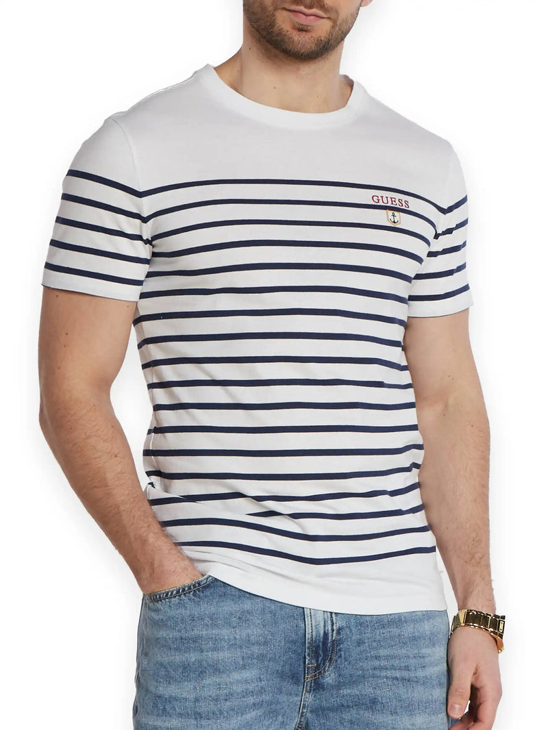 Guess Men s Short Sleeve CN YD Striped T Shirt White Navy