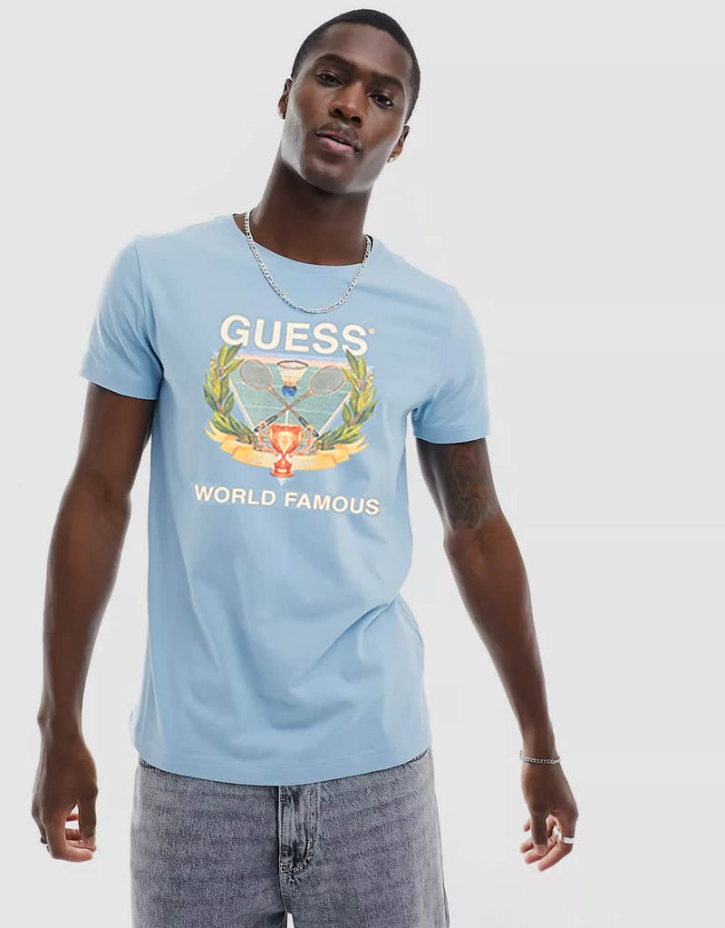 Guess Men’s SS BSC World Famous Logo T - Shirt Channel Blue