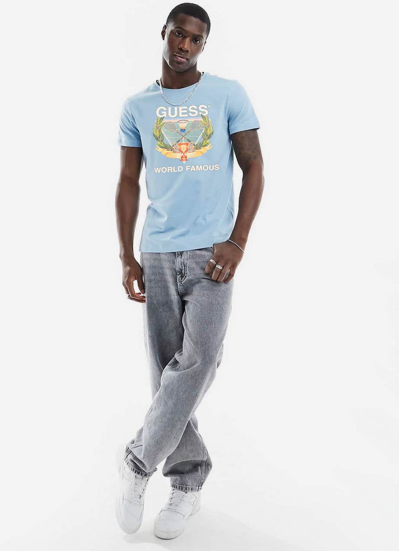 Guess Men’s SS BSC World Famous Logo T - Shirt Channel Blue