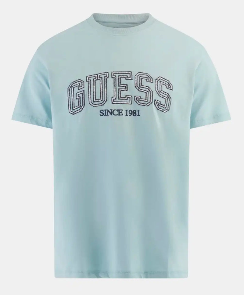 Guess Mens SS CN College Logo T - Shirt Laguna Blue Northern Ireland