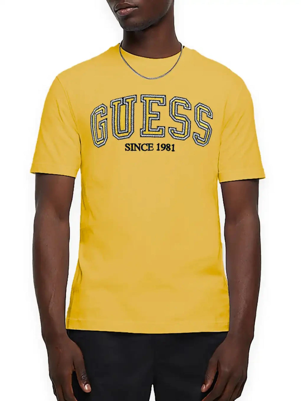 Guess Mens SS CN College Logo T Shirt Mango Seed Yellow