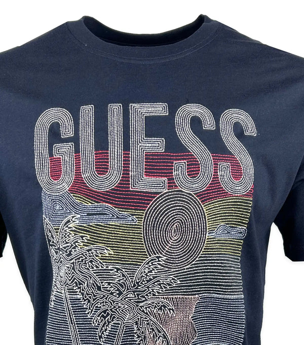 Guess Mens SS CN Palm Embroidered T - Shirt Navy Northern Ireland